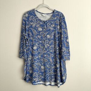 J Jill Tunic Womens Medium Blue Floral Paisley 3/4 Sleeve Pullover Buttons